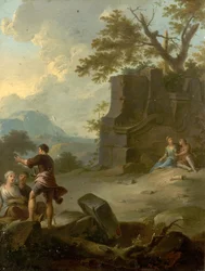 Landskap med figurer og ruiner (olje på metall)